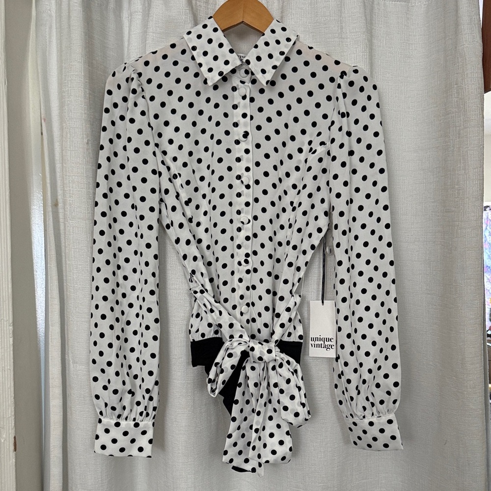 Unique Vintage Black & White Polka Dot Button Down Shirt
